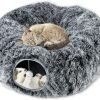 Plush Cat Tunnel Bed for Indoor Cats, Collapsible Cat Donut Tunnel with Central Mat, Fluffy Cat Cave Tube with Hanging Ball for Cat Kitten Rabbit Puppy Ferret