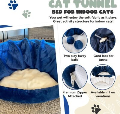 Cat Tunnel and Bed Toy Set with Removable Plush Bed for Indoor Use; Perfect for Cats, Dogs, and Ferrets; Cat Toys Attached; Top Pet Tunnel for Fun, Exercise, and Rest; Cat Toys for Indoor Cats (Blue).