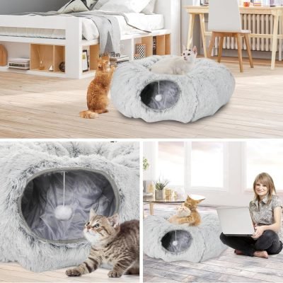 Plush Cat Tunnel Bed for Indoor Cats, Collapsible Cat Donut Tunnel with Central Mat, Fluffy Cat Cave Tube with Hanging Ball for Cat Kitten Rabbit Puppy Ferret