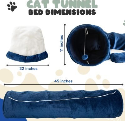 Cat Tunnel and Bed Toy Set with Removable Plush Bed for Indoor Use; Perfect for Cats, Dogs, and Ferrets; Cat Toys Attached; Top Pet Tunnel for Fun, Exercise, and Rest; Cat Toys for Indoor Cats (Blue).