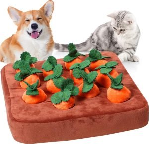 Dog Carrot Toy, Enrichment Dog Puzzle Toys, Hide and Seek Carrot Farm Dog Plush Chew Toys for Small Medium and Large Dogs Cats with 12 Carrots