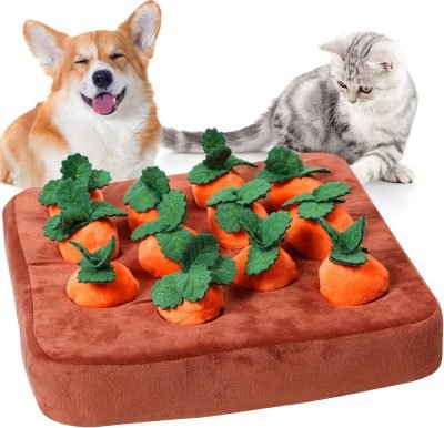 Dog Carrot Toy, Enrichment Dog Puzzle Toys, Hide and Seek Carrot Farm Dog Plush Chew Toys for Small Medium and Large Dogs Cats with 12 Carrots