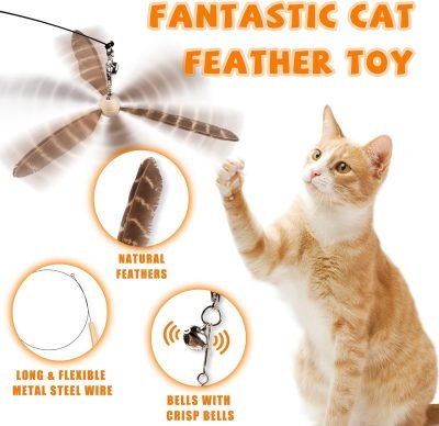 Cat Wand Toys, Interactive Cat Toys with 3 Feather Refills, 29'' Flexible Steel Wire, Sturdy Wood Handle & Bell for Kitty Kitten, Cat Toys for Indoor Cats Cat Teaser Cat String Toy