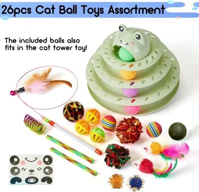 26pcs Cat Toys 4-Level Roller Track for Indoor Cats, Interactive Cat Toy with Colorful Balls Self Play Kitten Puzzle Toys, Fun Kitty Exercise Toys (Green)