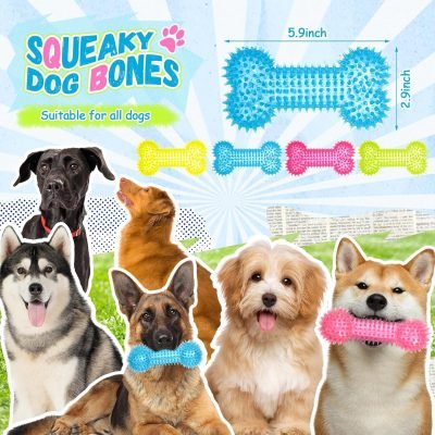 12 Pack Squeaky Dog Toy 6'' Bone Chew Toy Rubber Bone Toy Dogs Spiky Dog Toy for Medium and Large Dogs Teeth Cleaning and Training Aggressive Chewers, 4 Colors