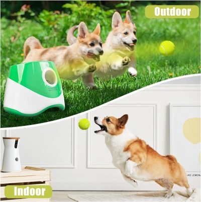 Automatic Ball Launcher for Dogs, Dog Ball Thrower Launcher with 15 Pcs Tennis Balls, 10-30 Ft Distance Settings Ball Launcher for Small Dogs, Dog Fetch Ball Thrower Green