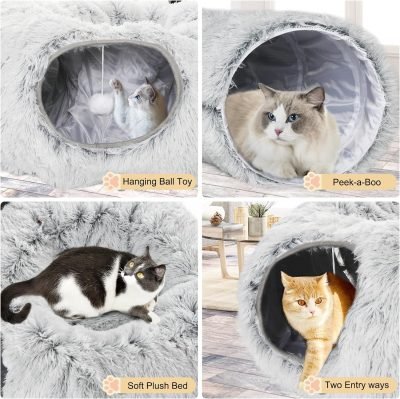 Plush Cat Tunnel Bed for Indoor Cats, Collapsible Cat Donut Tunnel with Central Mat, Fluffy Cat Cave Tube with Hanging Ball for Cat Kitten Rabbit Puppy Ferret