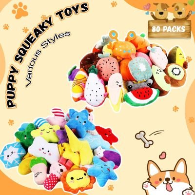 80 Pcs Dog Squeaky Toys Bulk for Small Puppy Dog Stuffed Plush Chew Toys Small Medium Dogs PET Toys with Squeakers for Puppies Teething (Novel Style)