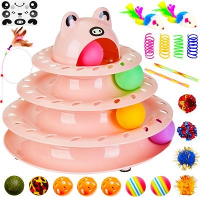 26pcs Cat Toys 4-Level Roller Track for Indoor Cats, Interactive Cat Toy with Colorful Balls Self Play Kitten Puzzle Toys, Fun Kitty Exercise Toys (Green)