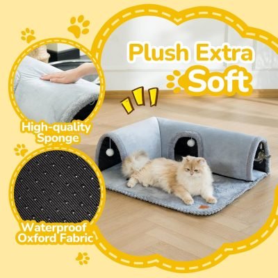 Cat Tunnel Bed Indoor: Detachable Kitty Pet Play Tube - Washable Kitten Cave Mat with Ball Toys