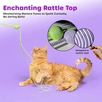Interactive Cat Wand String Teaser Toy, 2024, Purple -   Toy with Triple-Tail Design, Durable Cotton & Rattle Sound - Ideal for Indoor Cats, Kitten Toy