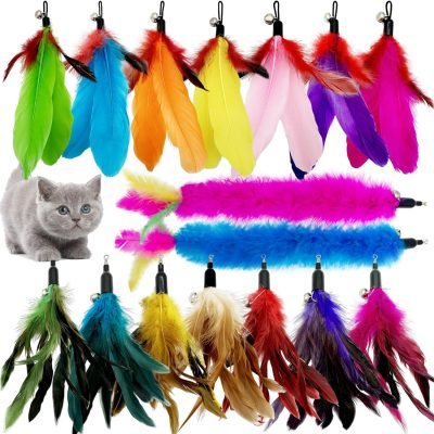 Cat Feather Toys Refill Cat Wand Replacement Feathers, 16 PCS Cat Toy Feather Refills, Cat Wand Attachments Feathers for Cat Toys