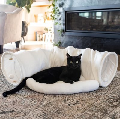 Cat Tunnel and Bed Toy Set with Removable Plush Bed for Indoor Use; Perfect for Cats, Dogs, and Ferrets; Cat Toys Attached; Top Pet Tunnel for Fun, Exercise, and Rest; Cat Toys for Indoor Cats (Blue).