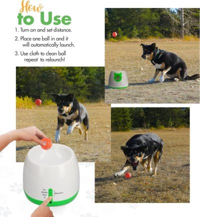Automatic Dog Ball Launcher Dog Fetch Machine for Small to Medium Sized Dogs,3 Launch Distances, Ball Launcher for Dogs with 6 Latex Balls, Dual Power Supply, Ball Thrower for Dogs