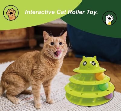 Cat Toy Roller,3 Levels Tower with Six Multiple Balls Cat Turntable Toy,Funny Interactive Cat Toys for Indoor,Funny Puzzle Toy for Kitten Pet Cats,Do Exercise&Play Game (Yellow-Green)