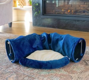 Cat Tunnel and Bed Toy Set with Removable Plush Bed for Indoor Use; Perfect for Cats, Dogs, and Ferrets; Cat Toys Attached; Top Pet Tunnel for Fun, Exercise, and Rest; Cat Toys for Indoor Cats (Blue).